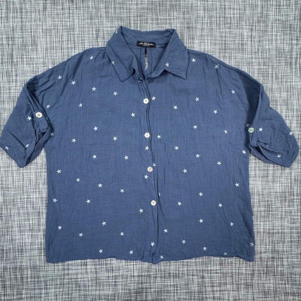 New Collection Shirt Womens Approx XL Blue Stars Linen Cotton Button Up Italy